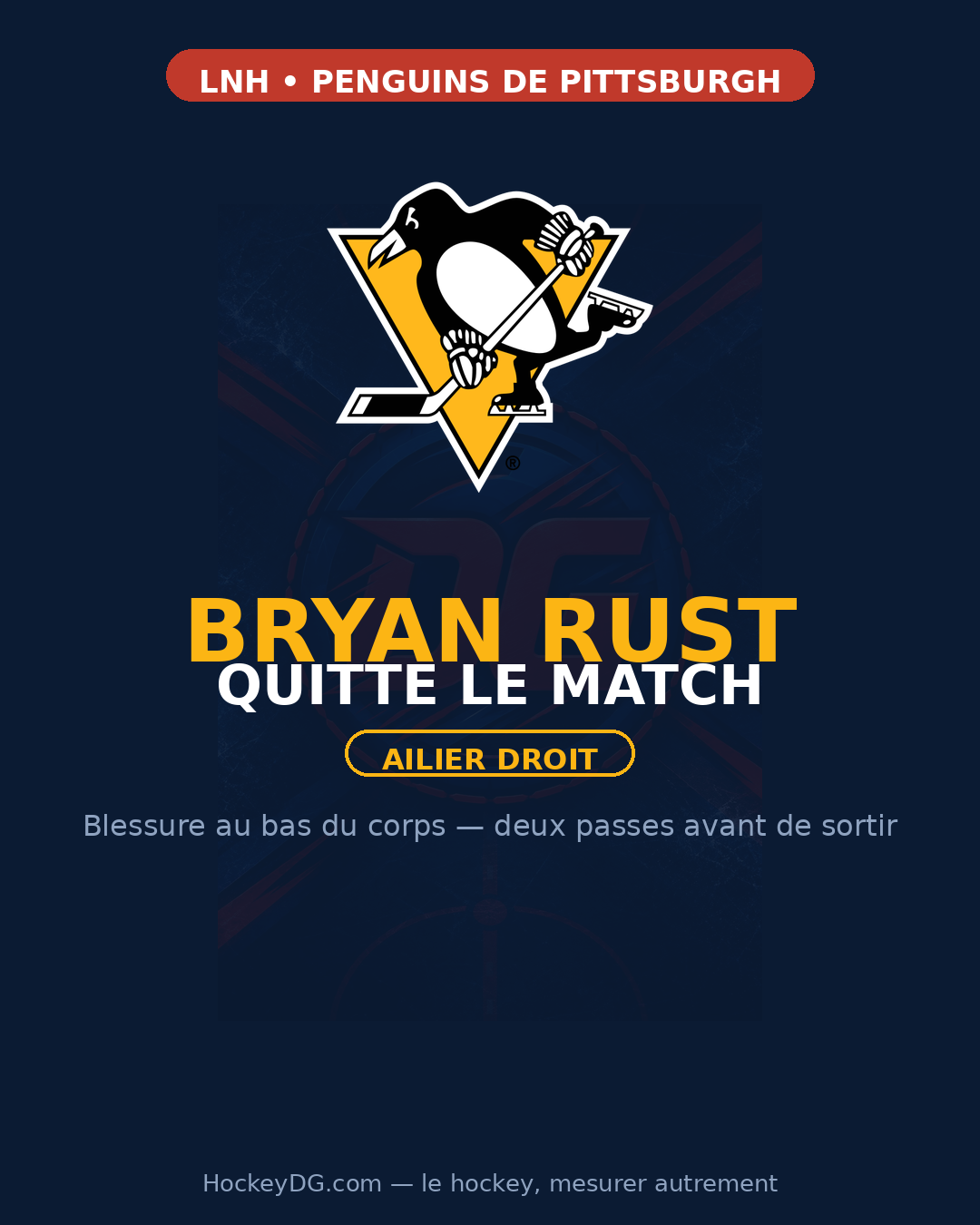 Carte graphique HockeyDG : logo officiel des Penguins de Pittsburgh — Bryan Rust quitte le match contre le Mammoth